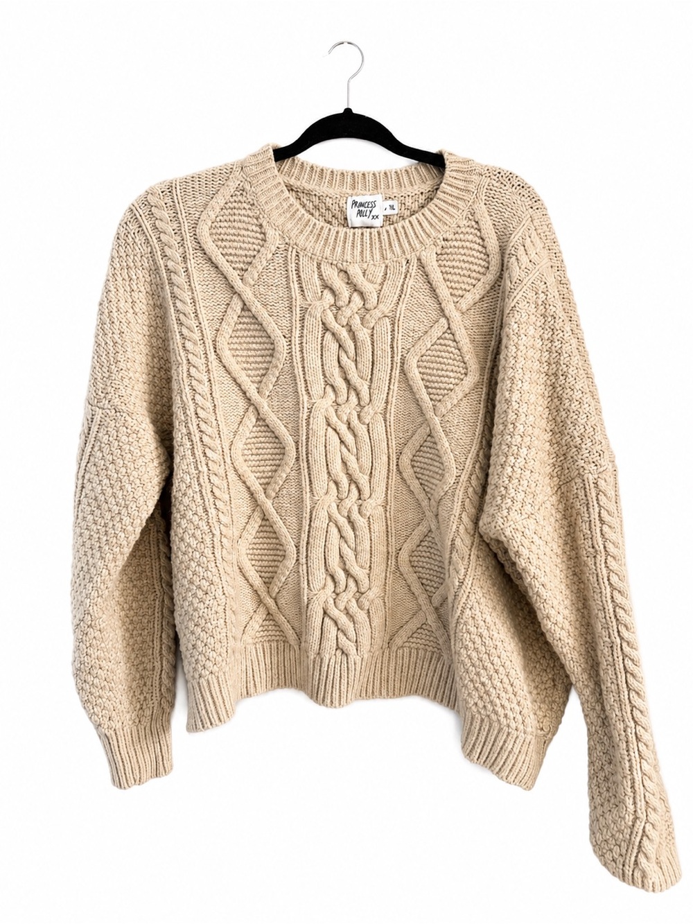 Princess Polly  Neutral Cable-Knit Crewneck Sweater